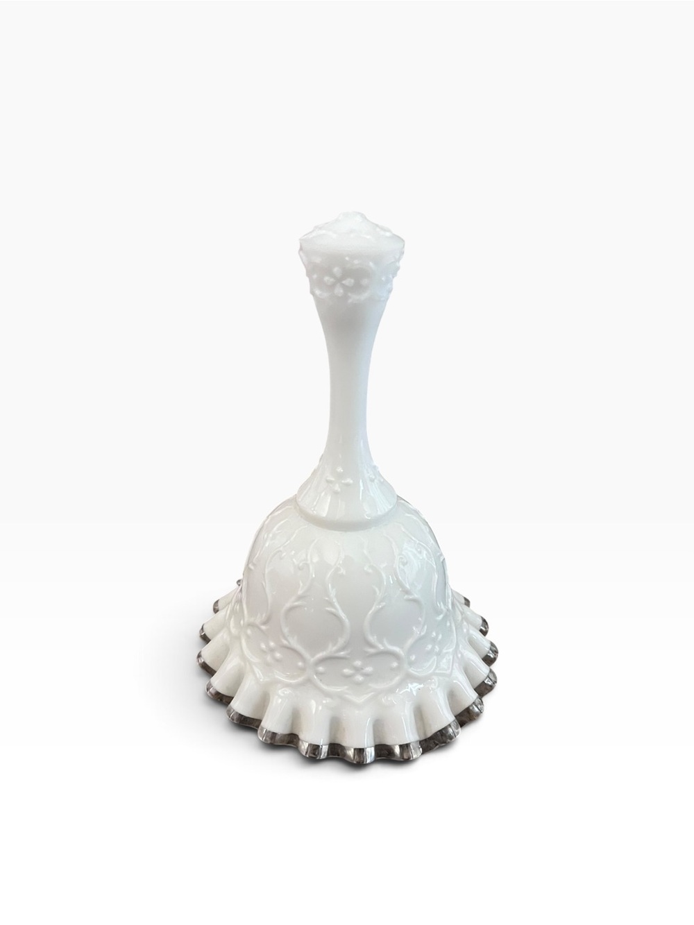 Fenton White Milk Glass Bell with Scalloped Silver Edge